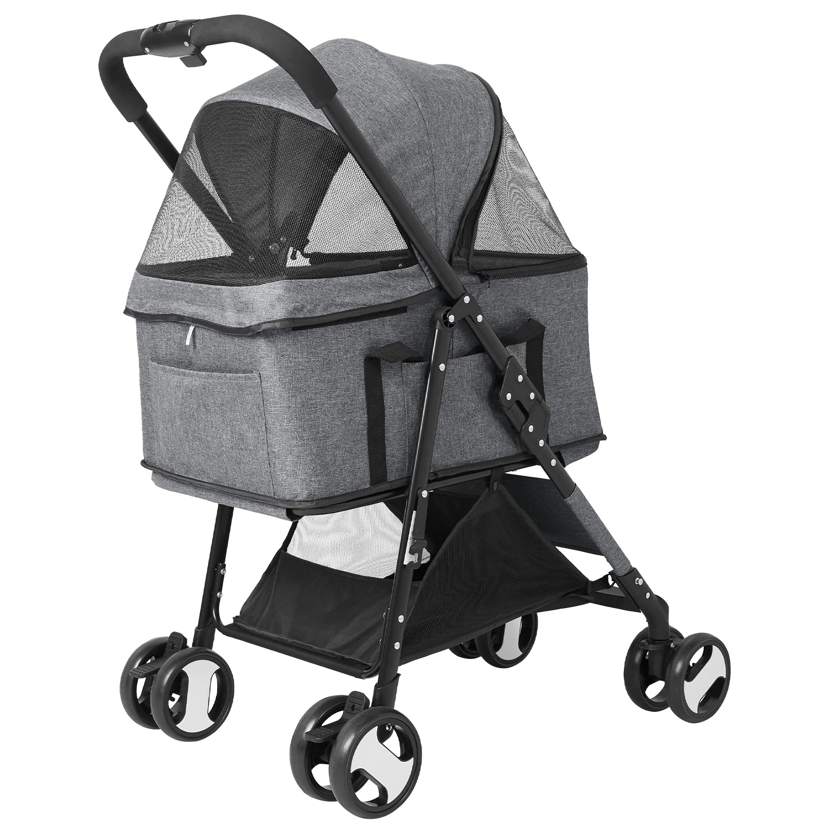 Gray pet stroller with black accents on a white background