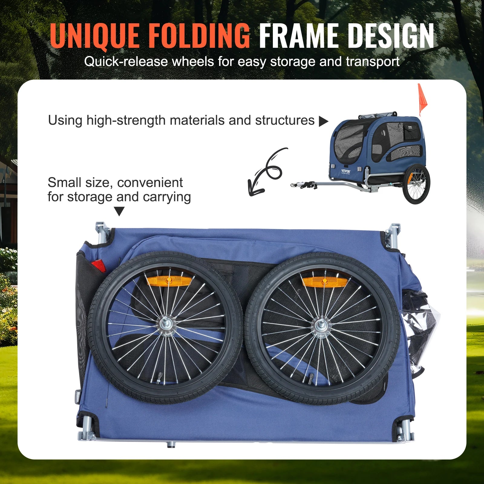 Blue pet bike trailer with folding frame design and quick-release wheels on a white background.