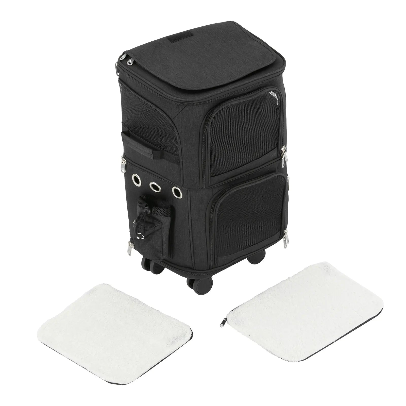 Black suitcase with two white mats on a white background
