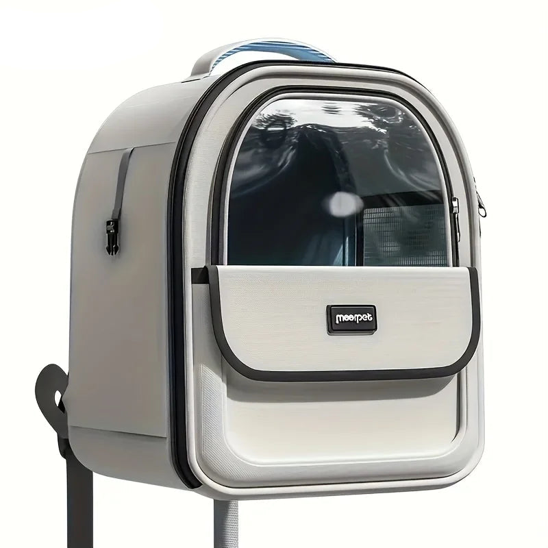 Pet carrier backpack with transparent front panel on a white background, featuring the KEMORELA brand.