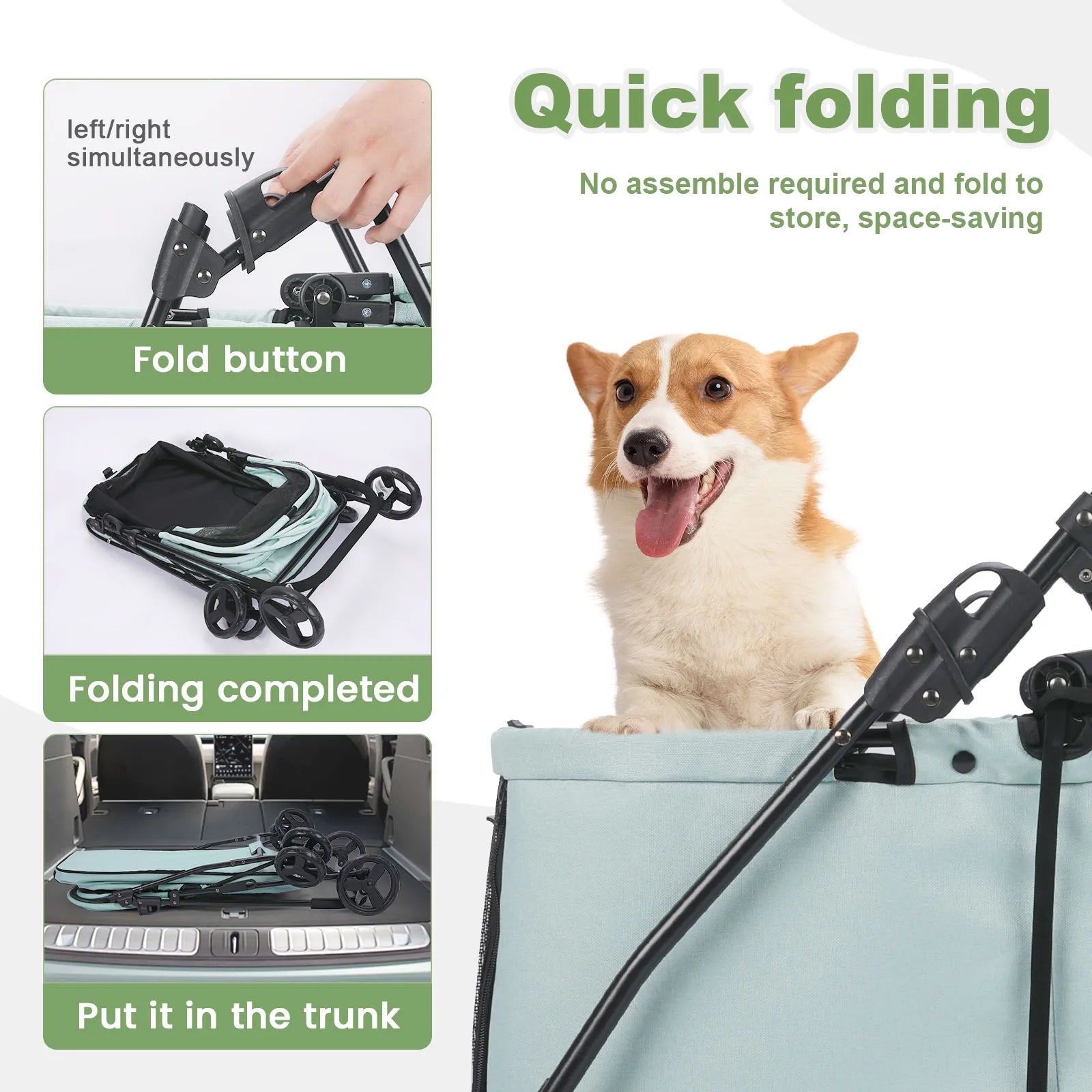 Pet carrier with folding mechanism and a dog inside, featuring text on quick folding and space-saving.
