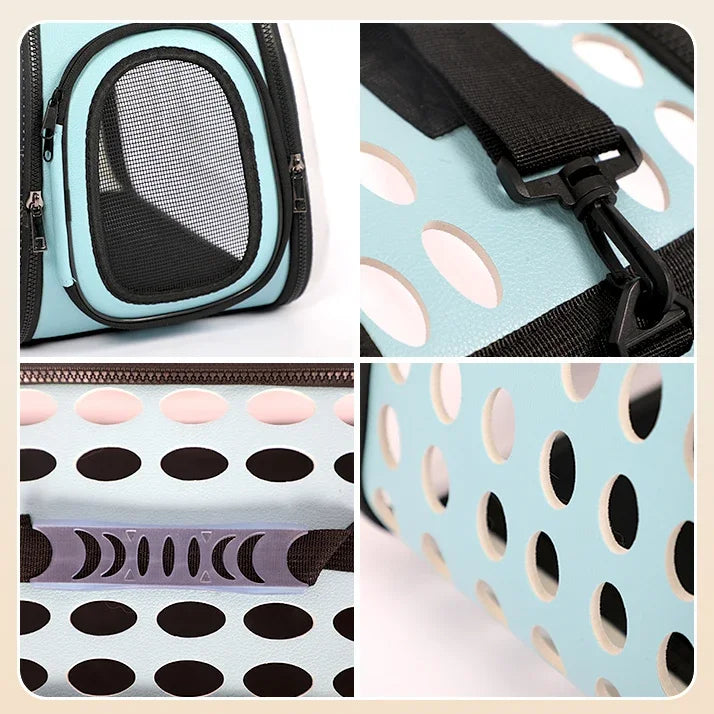 Collage of a pet carrier with mesh window, handle, and polka dot pattern.