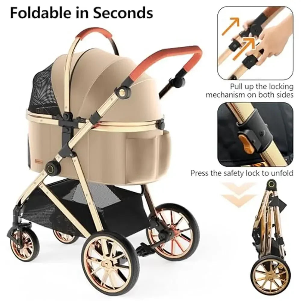 Beige and black stroller with folding instructions on a white background