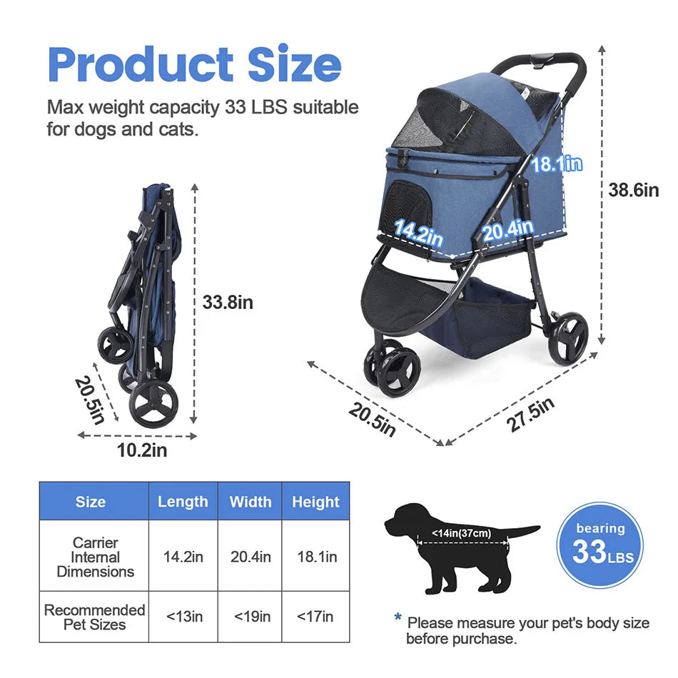 Pet stroller with dimensions and capacity details on a white background