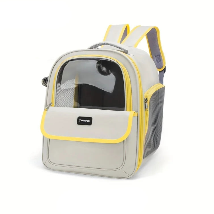 Pet carrier backpack with transparent front panel on a white background