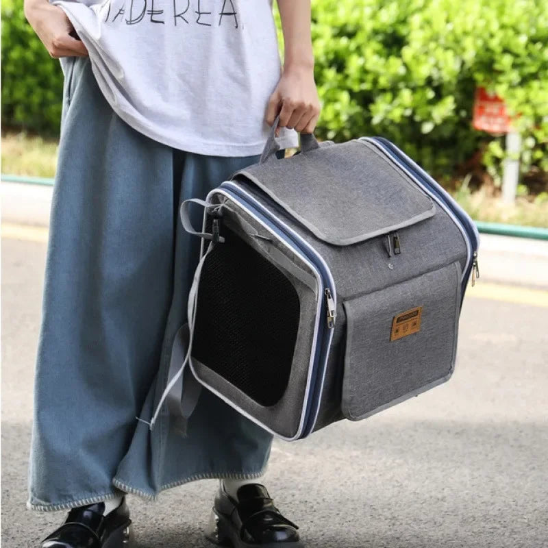 Person holding a gray pet carrier outdoors