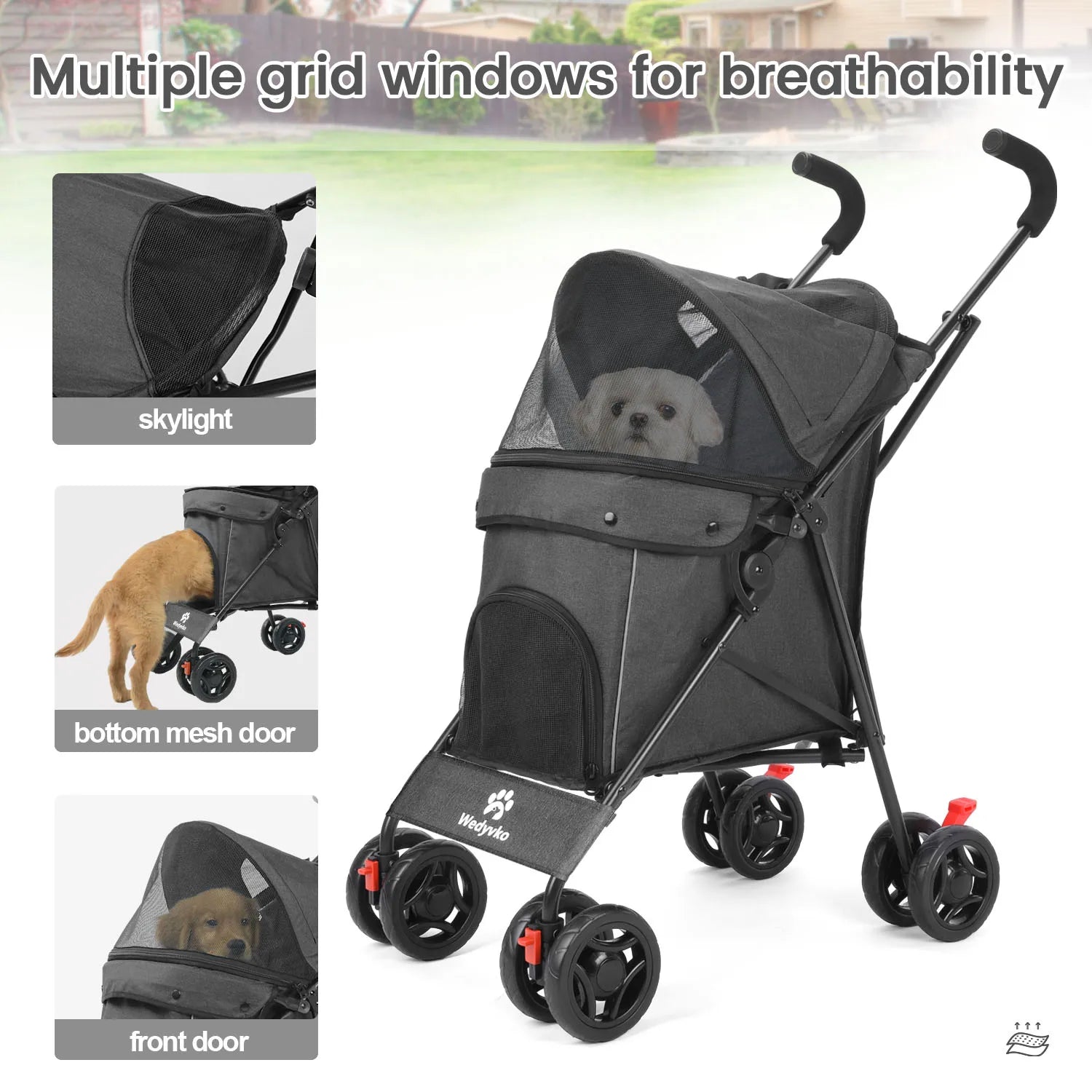 Pet stroller with multiple grid windows for breathability, featuring a dog inside.