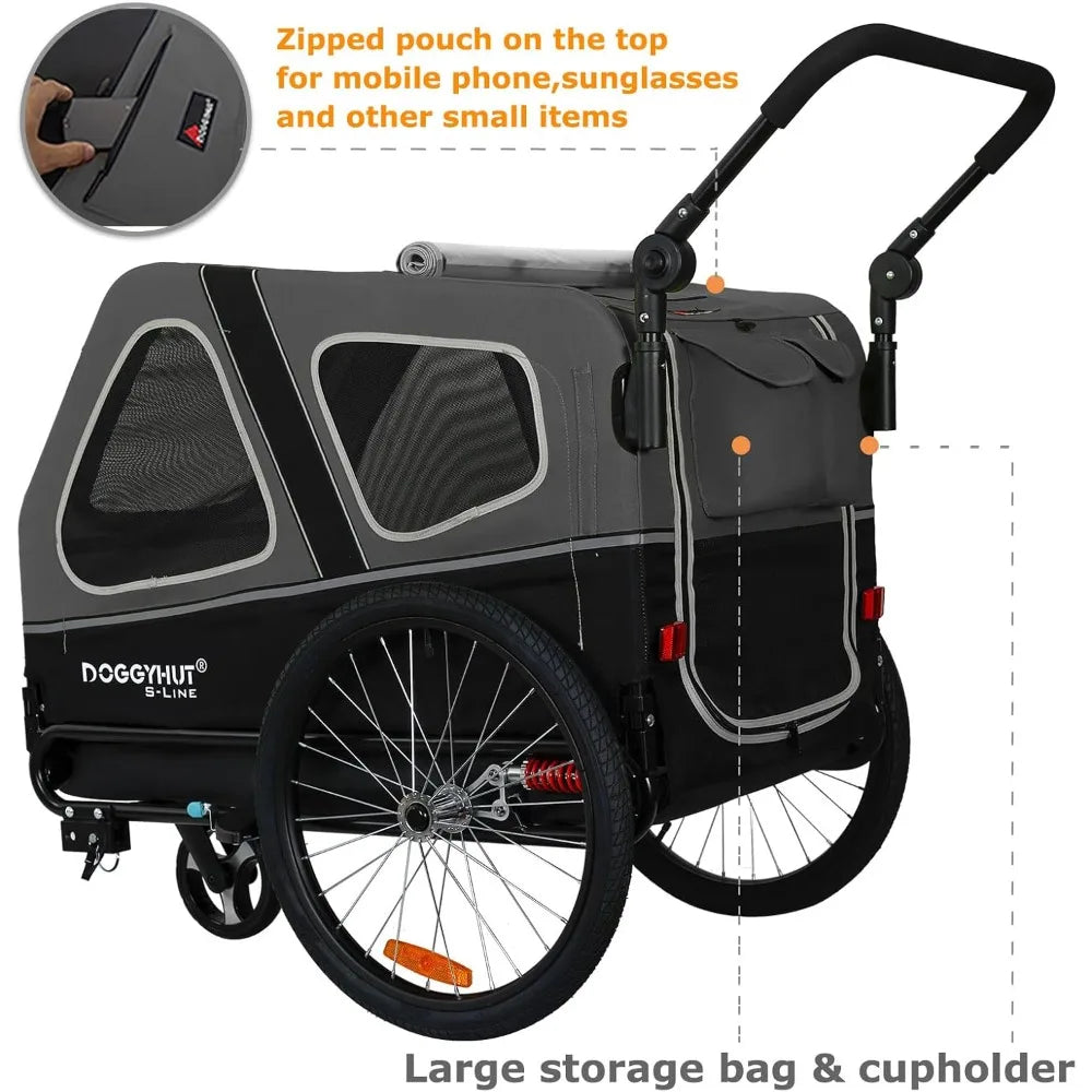 DoggyHut bike trailer with zipped pouch and storage bag on a white background