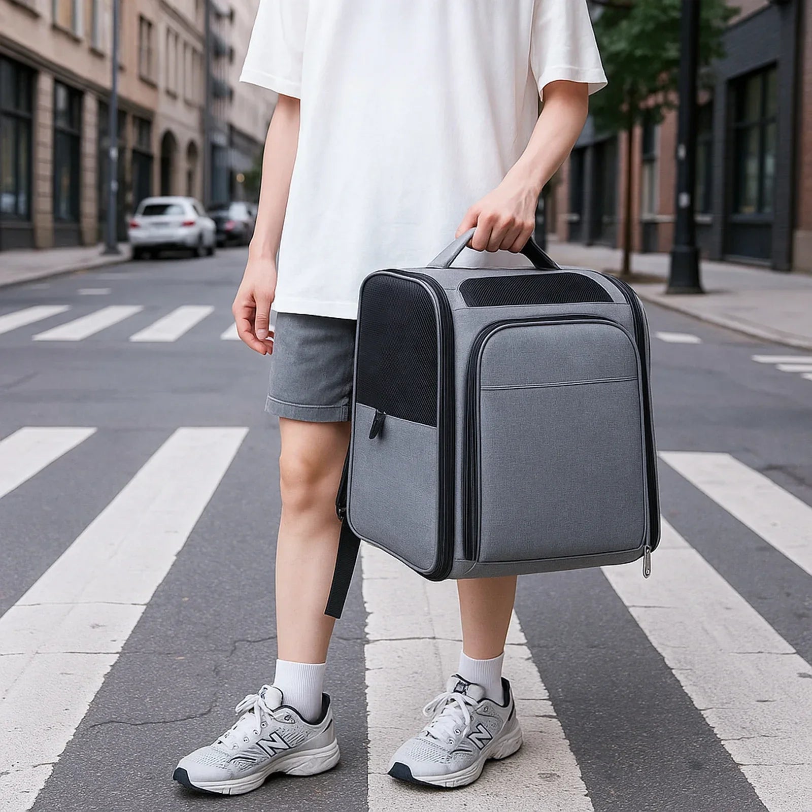 Person holding a gray pet carrier on a city street