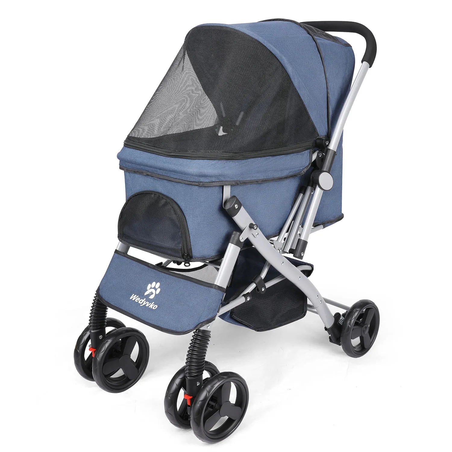 Blue pet stroller with black accents on a white background