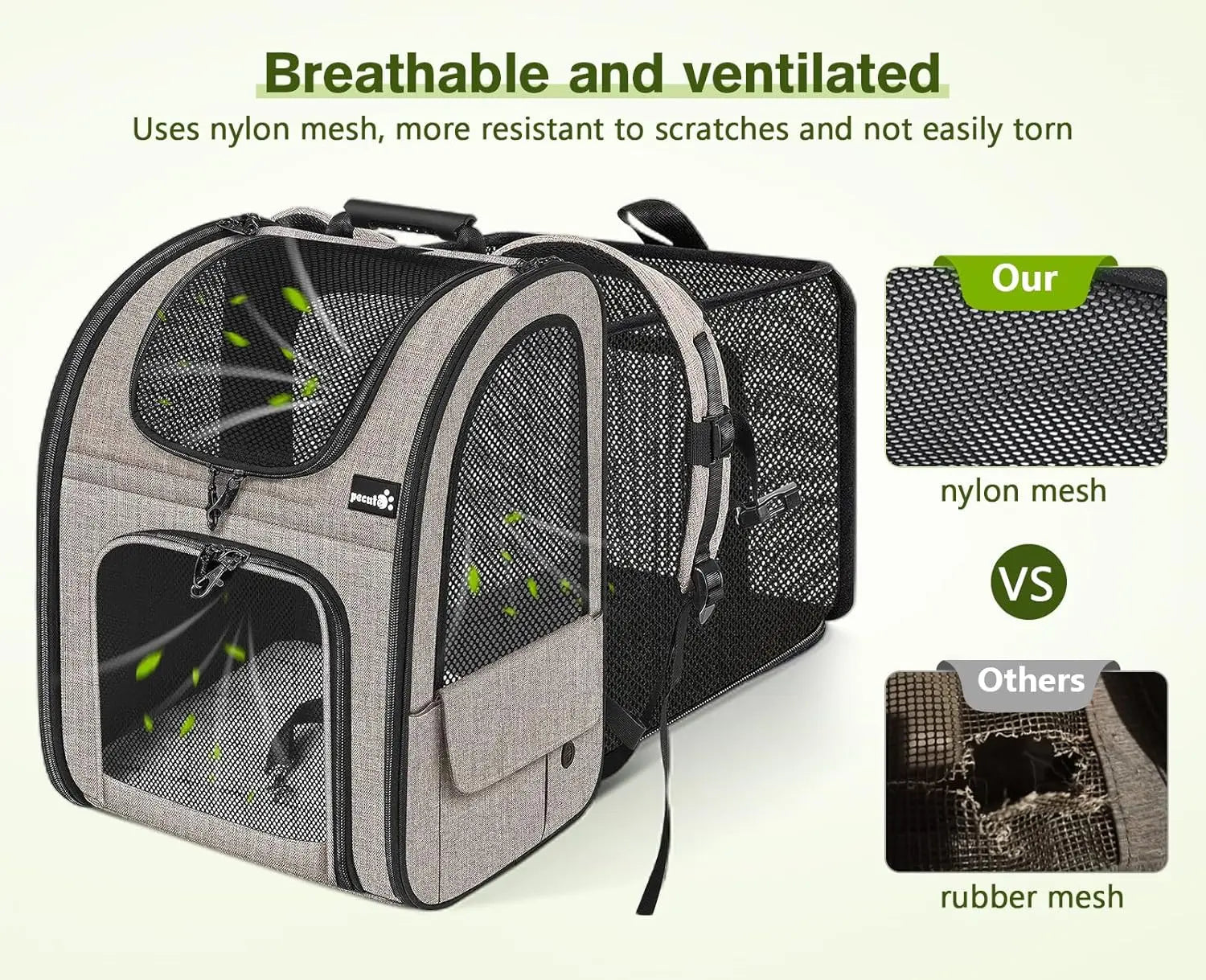 Pet carrier with breathable mesh design, comparing nylon mesh to rubber mesh.