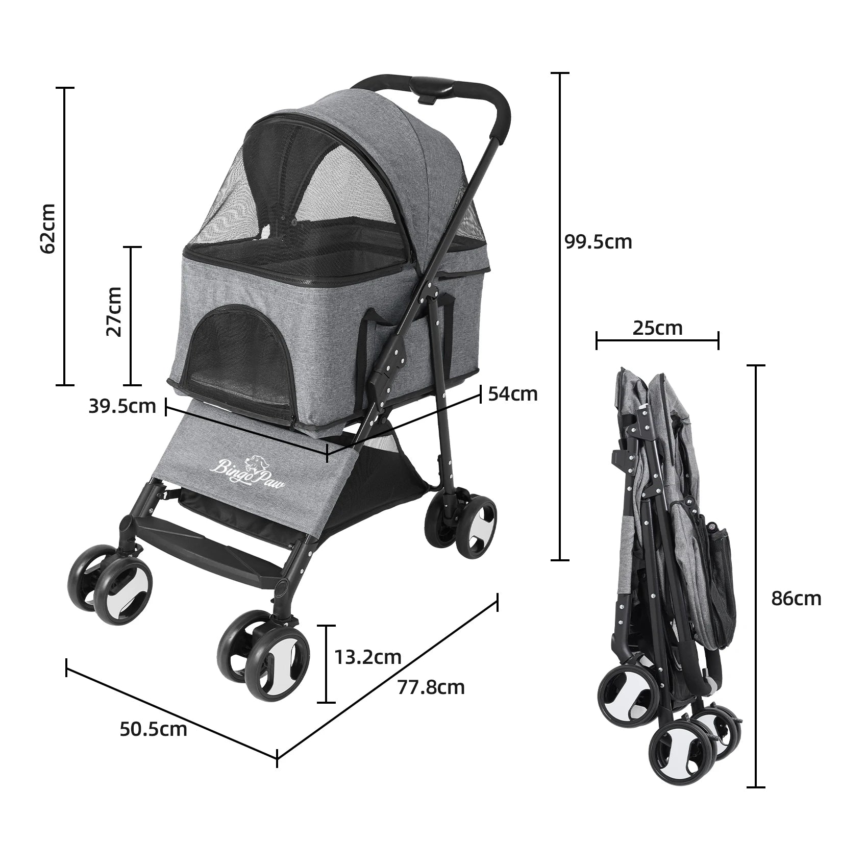 Pet stroller with dimensions on a white background