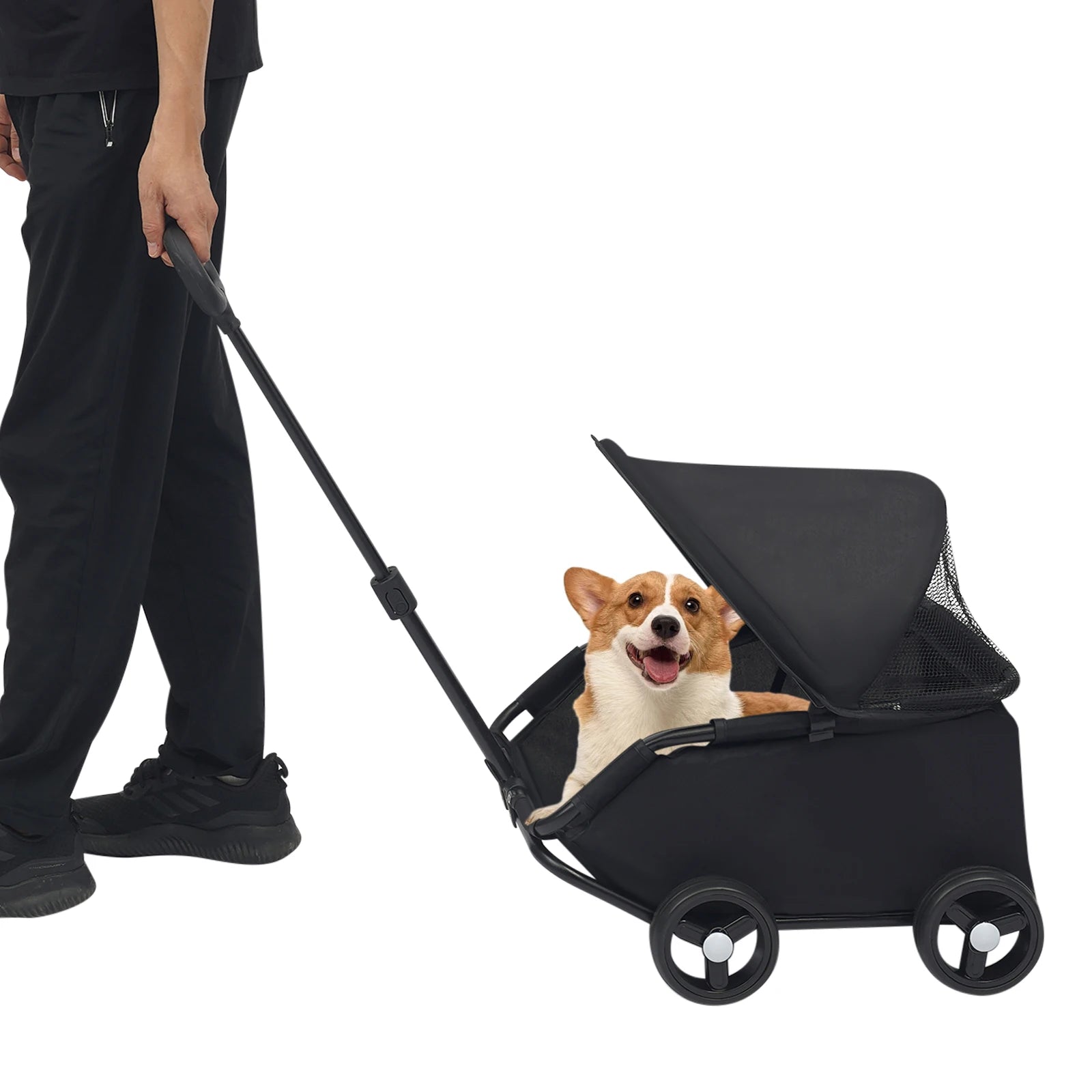 Person pushing a black pet stroller with a dog inside on a white background