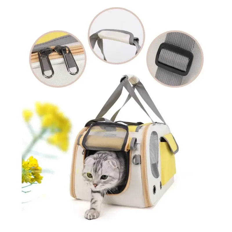 Pet carrier with a cat inside, surrounded by close-up insets of handle, mesh window, and zipper.