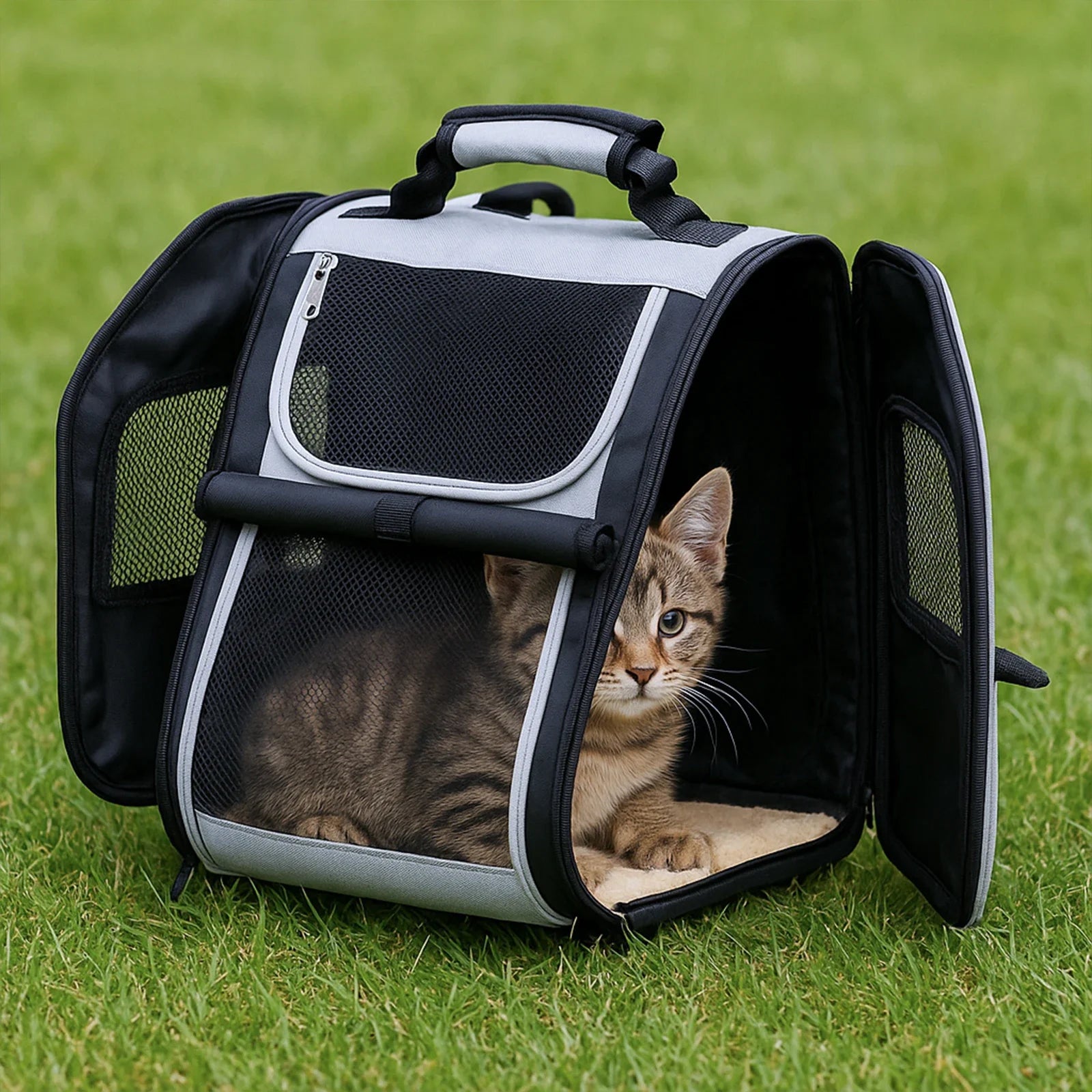 Cat in a pet carrier on grass
