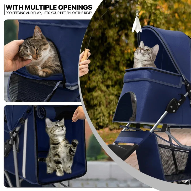 Pet stroller with multiple openings for a cat, showing its use outdoors.