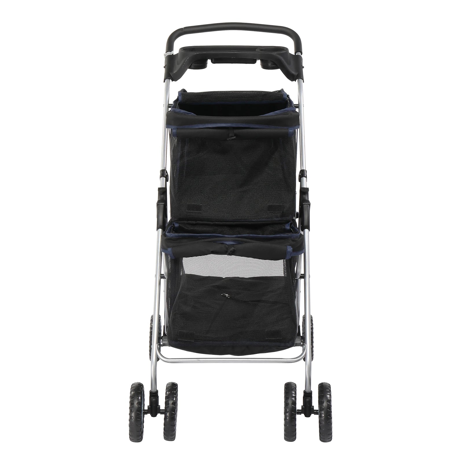 Black stroller with a clear bag on a white background