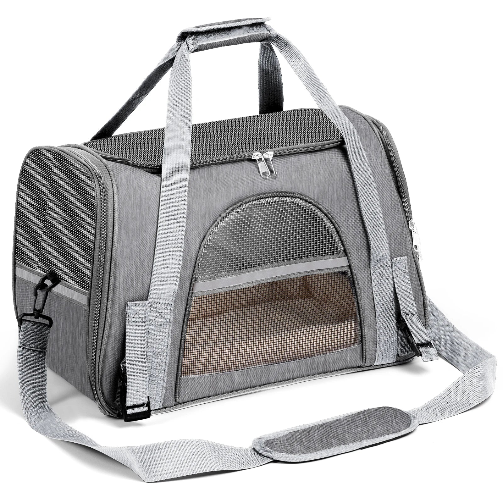 Gray pet carrier with mesh side on a white background