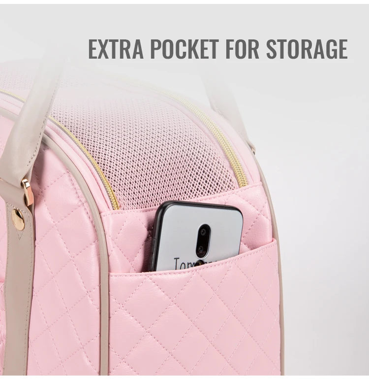 Pink quilted bag with an extra pocket holding a phone, labeled 'Extra Pocket for Storage'.