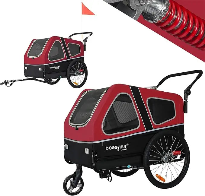 Red and black dog bike trailer with wheels on a white background
