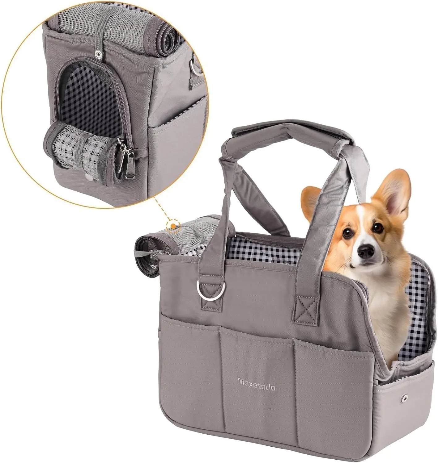 Gray pet carrier with a dog inside, showing detailed view of interior.