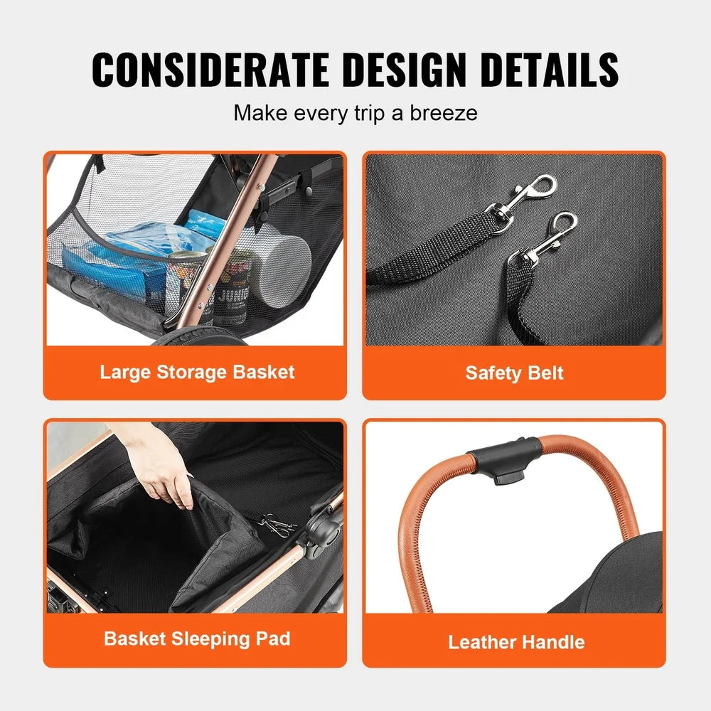 Product features with large storage basket, safety belt, basket sleeping pad, and leather handle on a white background.