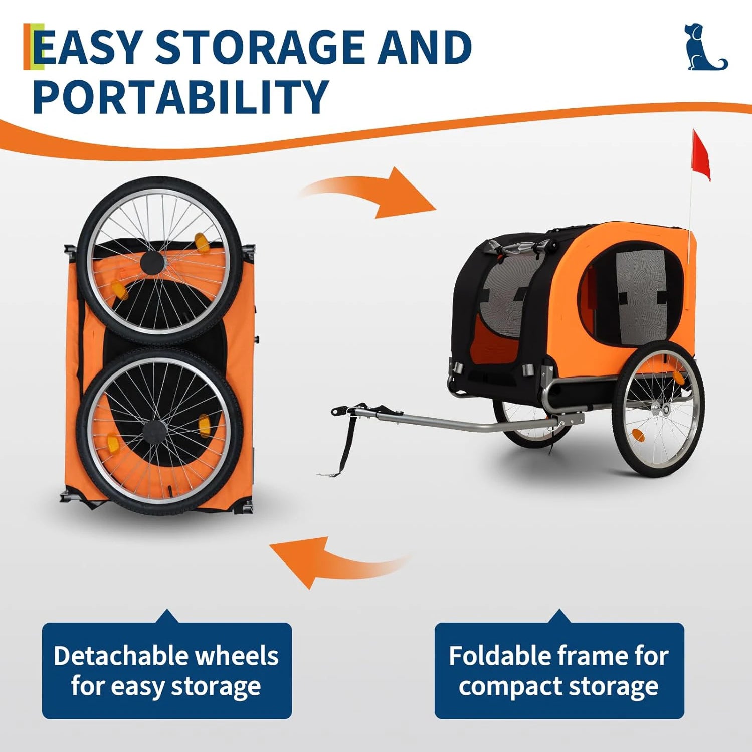 Orange bike trailer with detachable wheels and foldable frame on a white background