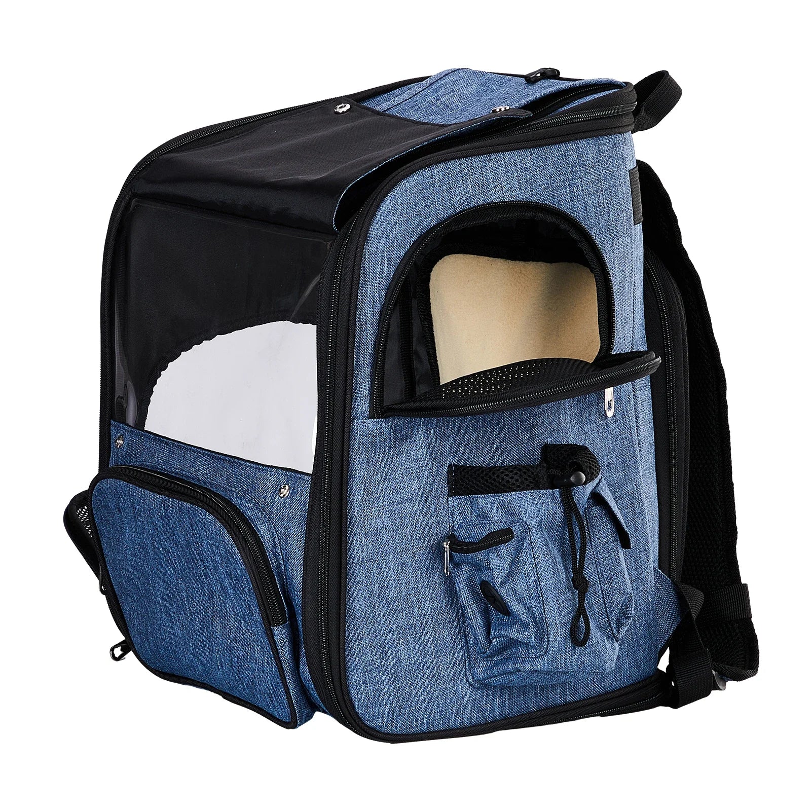 Blue pet carrier backpack with a transparent front panel on a white background