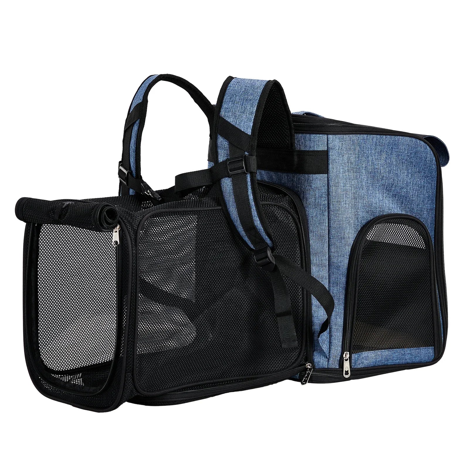 Pet carrier with blue and black design on a white background