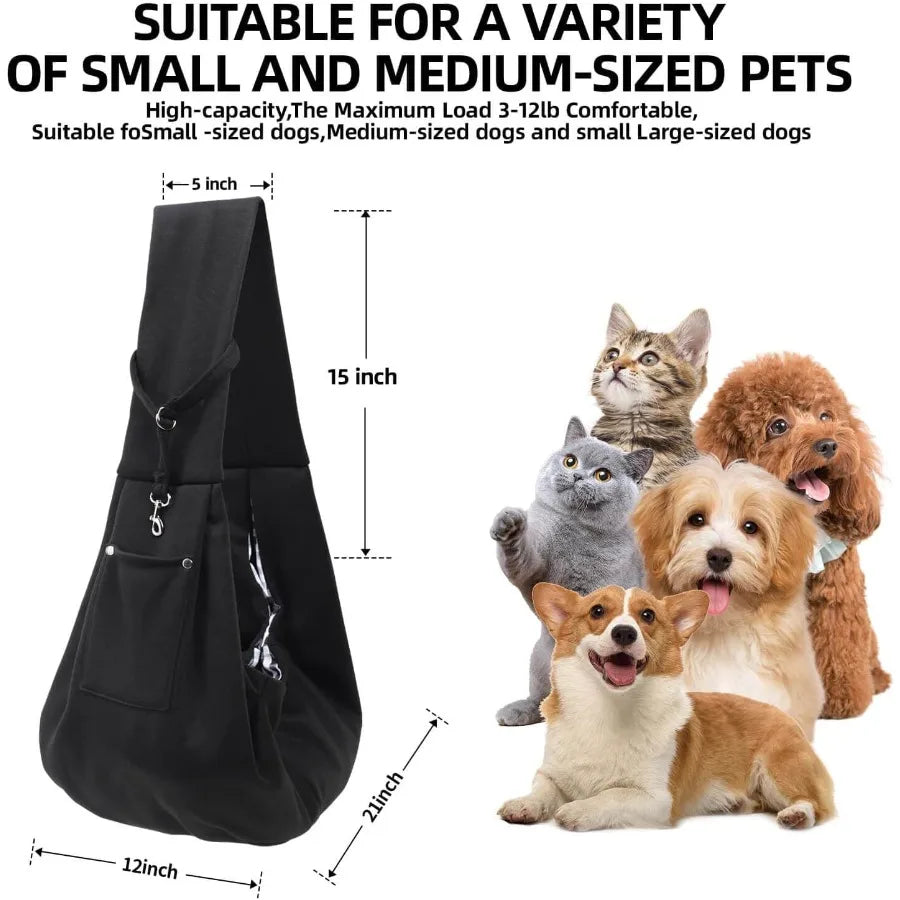 Black pet carrier with dimensions and text about pet size suitability, surrounded by small and medium-sized pets.