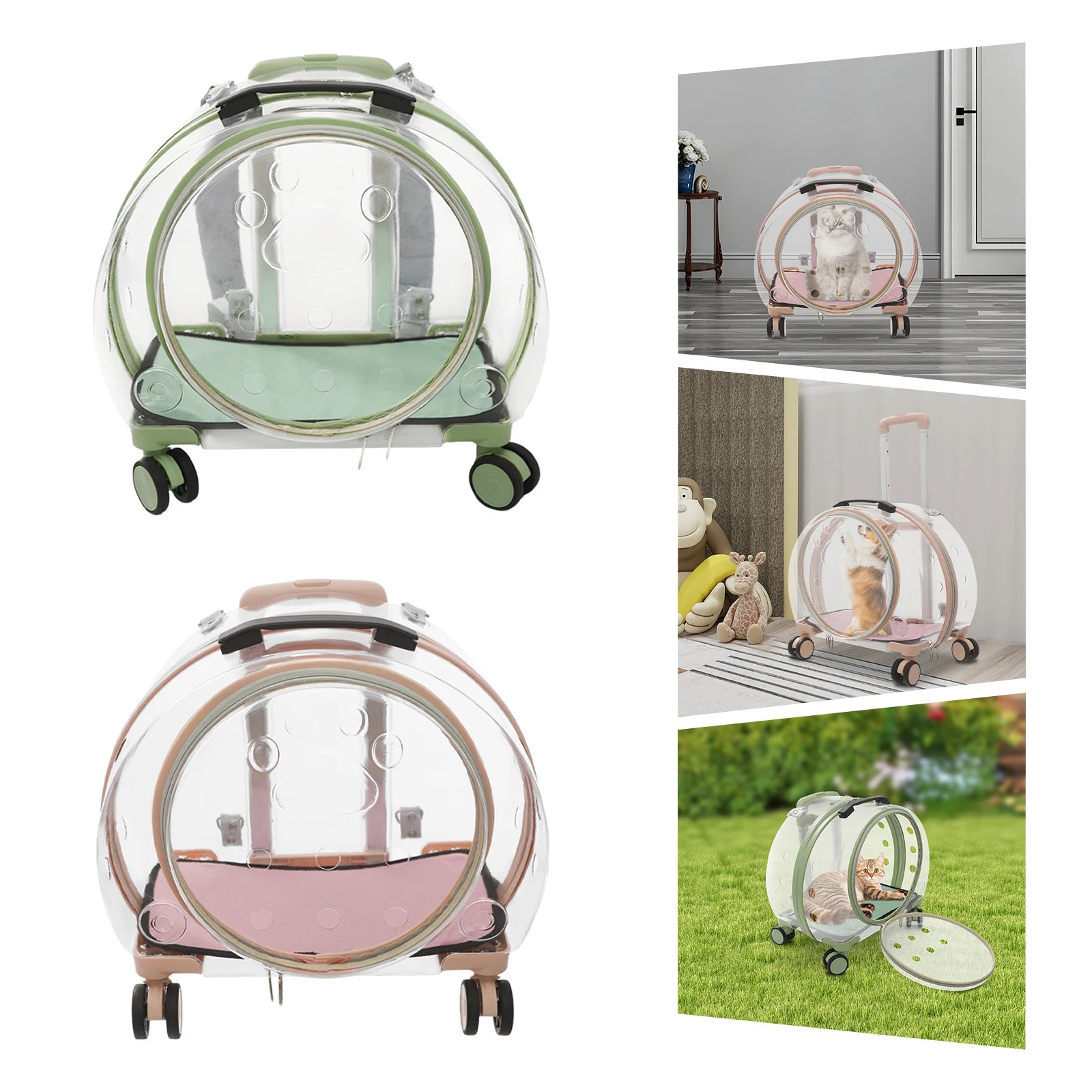 Pet carrier with transparent design on wheels, shown in various settings.