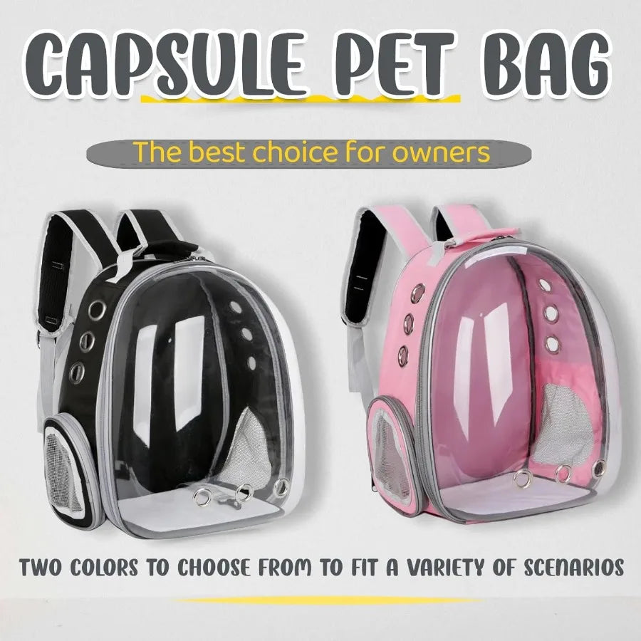 Two capsule pet bags, one black and one pink, on a light gray background with promotional text.
