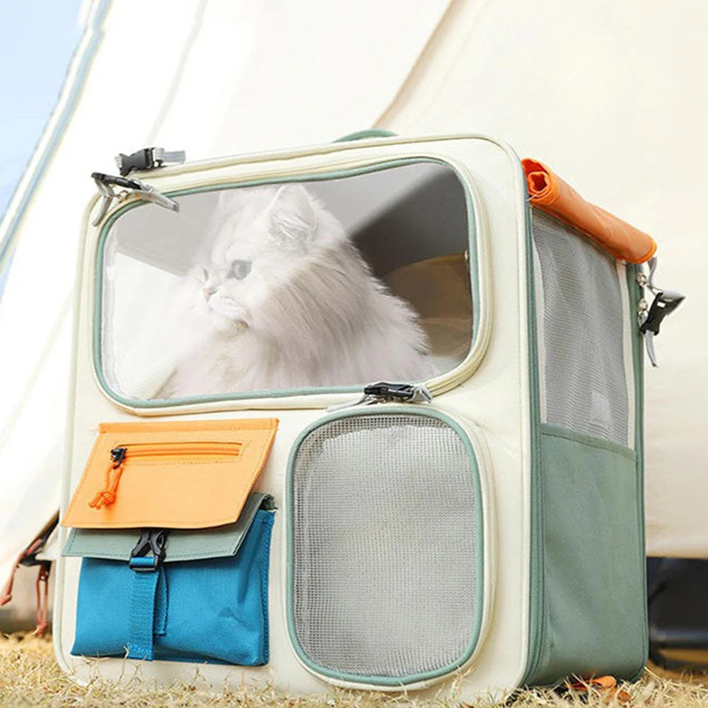 Pet carrier with a fluffy white cat inside, set against a neutral background.
