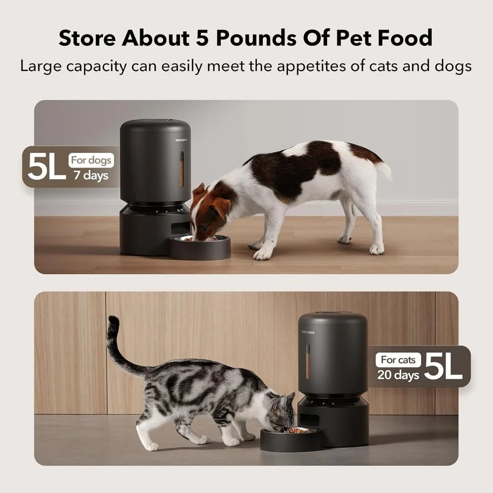 Pet food dispenser with text indicating capacity for dogs and cats, featuring a dog and cat eating.
