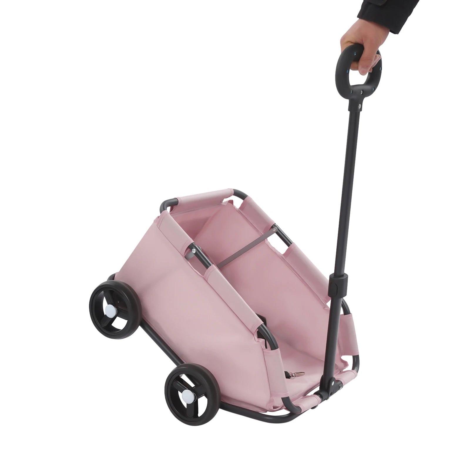 Pink shopping cart with black wheels and handle on a white background