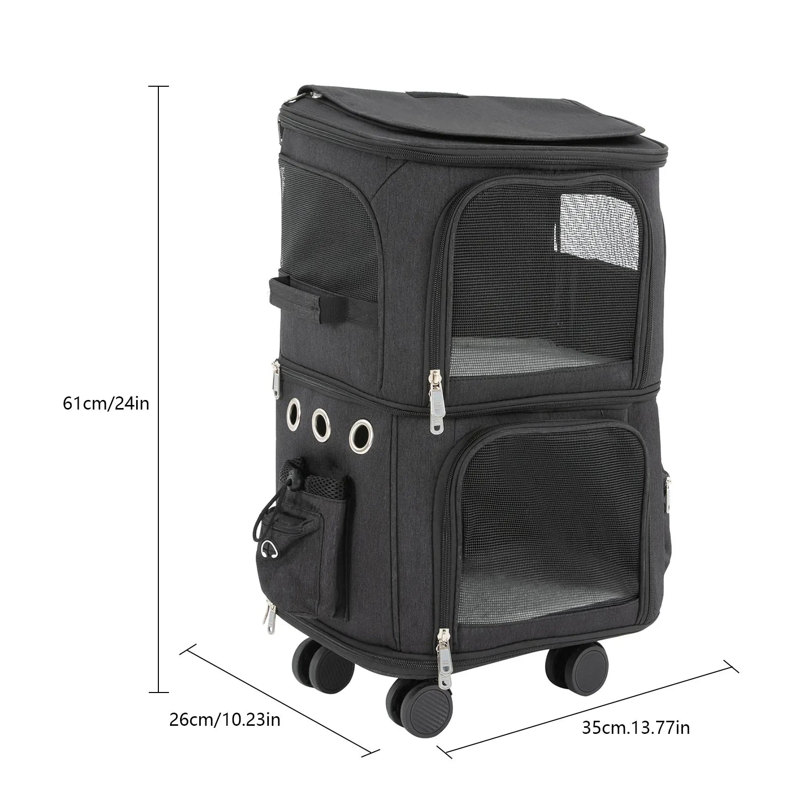 Black pet carrier with dimensions indicated on a white background