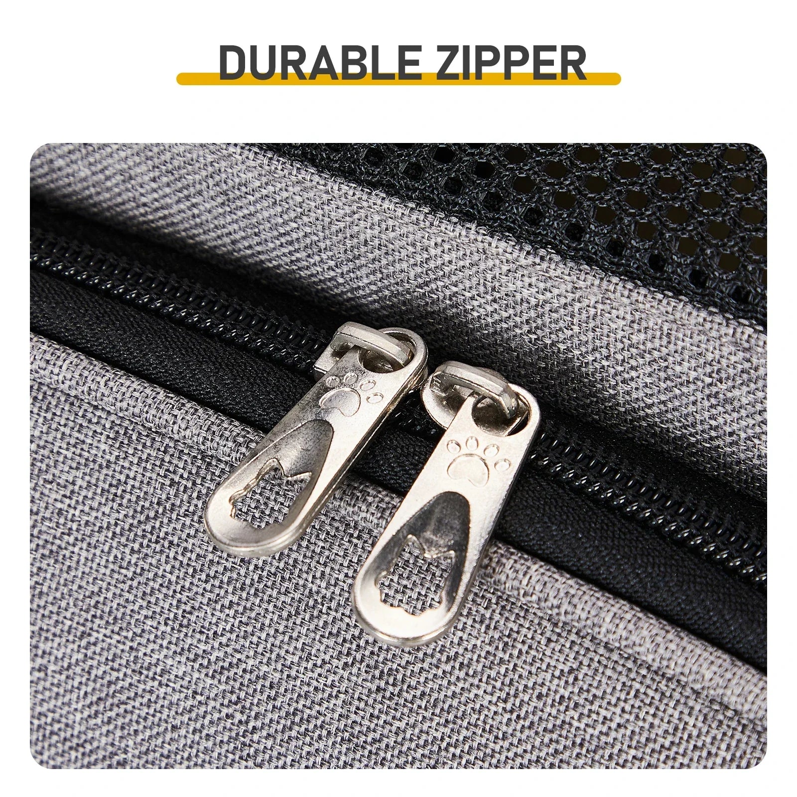 Close-up of durable zipper on a gray fabric background with 'Durable Zipper' text.
