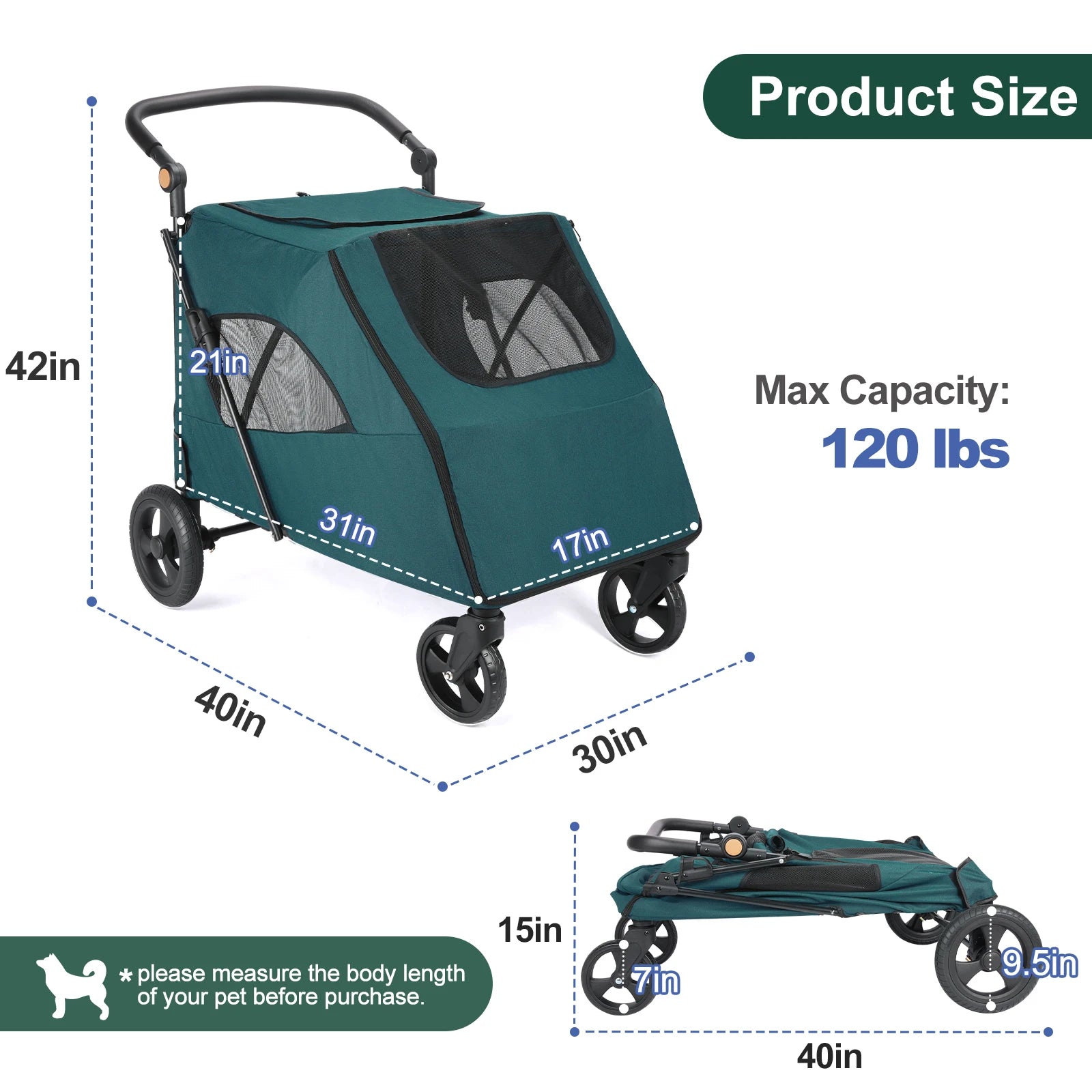 Green pet stroller with dimensions and capacity details on a white background