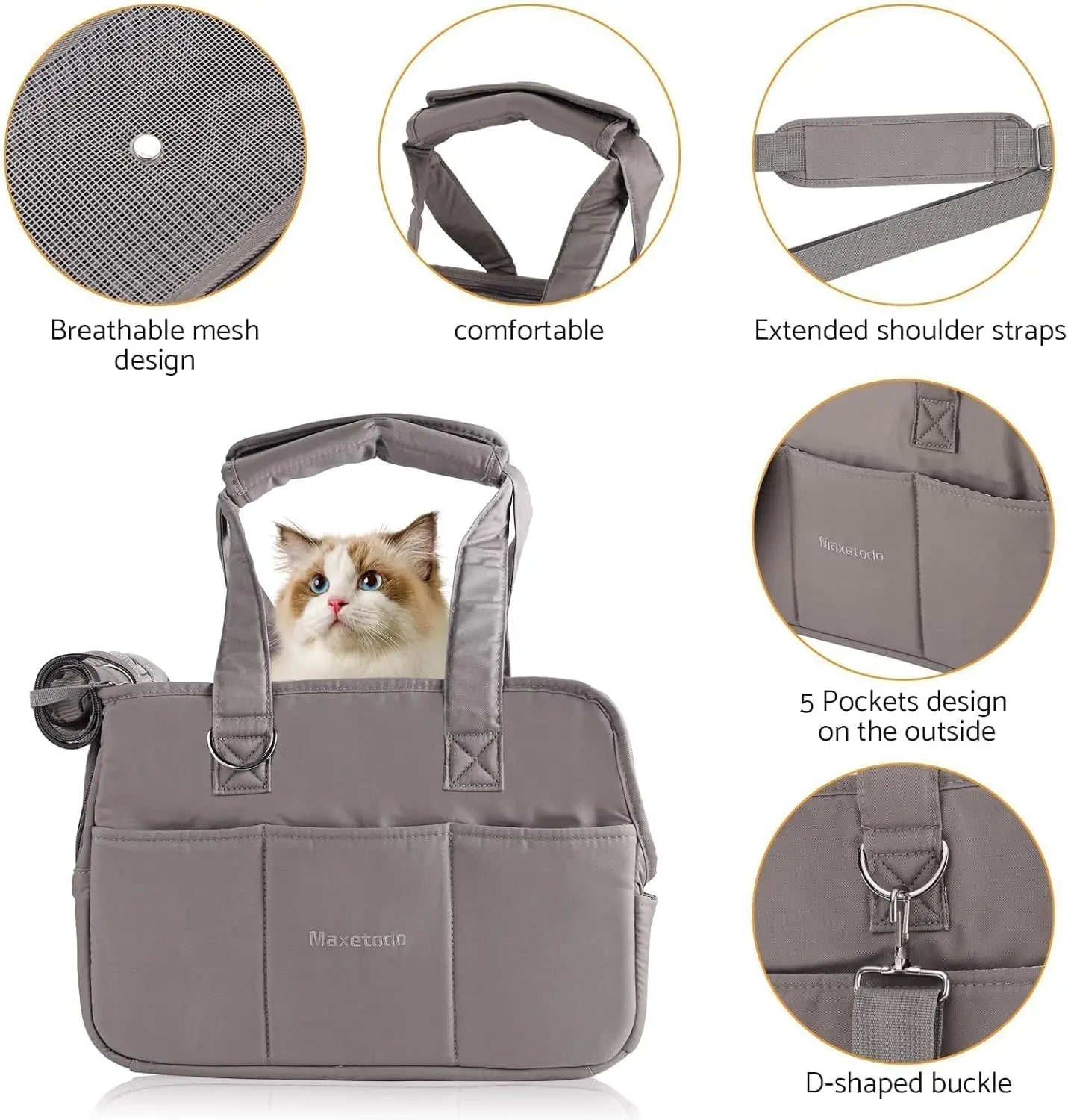 Gray pet carrier with features highlighted on a white background