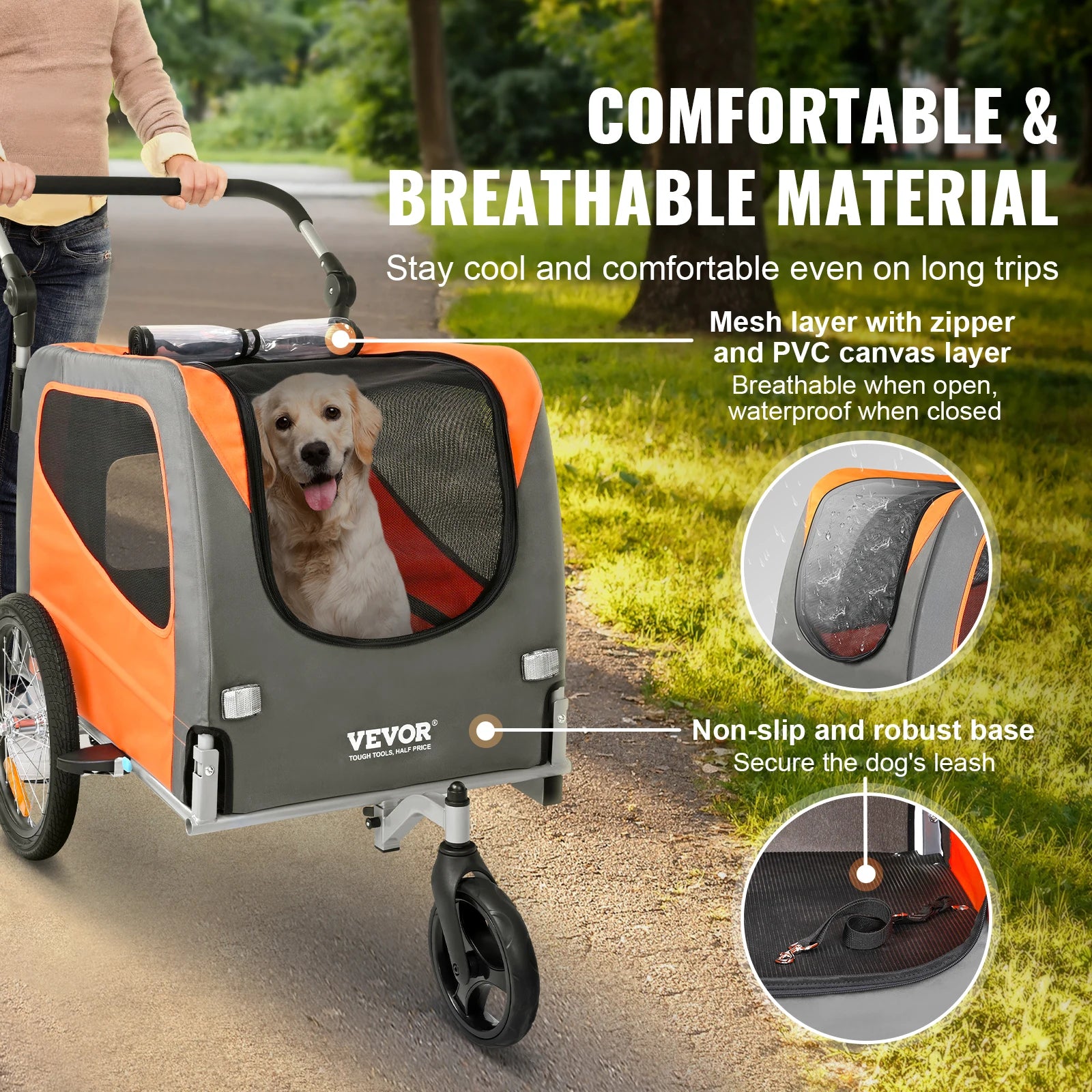 Dog stroller with VEVOR branding on a path with grass, featuring text about comfort and material.