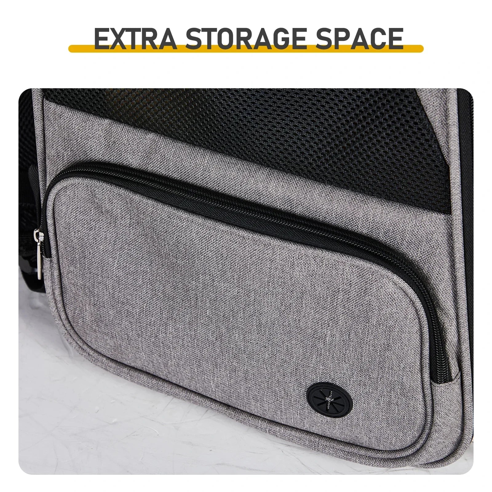 Gray bag with black zipper and text 'EXTRA STORAGE SPACE' on a white background