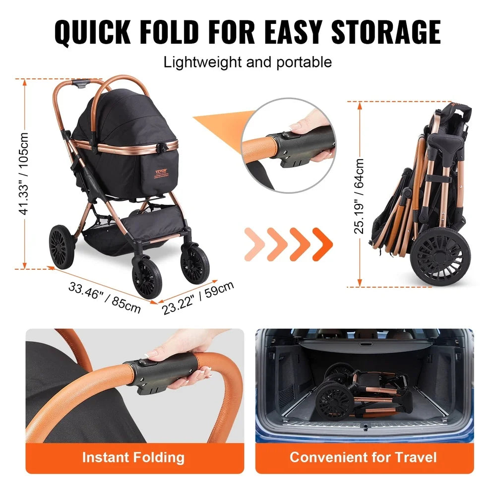 Baby stroller with quick fold feature, dimensions, and convenience features on a white background.