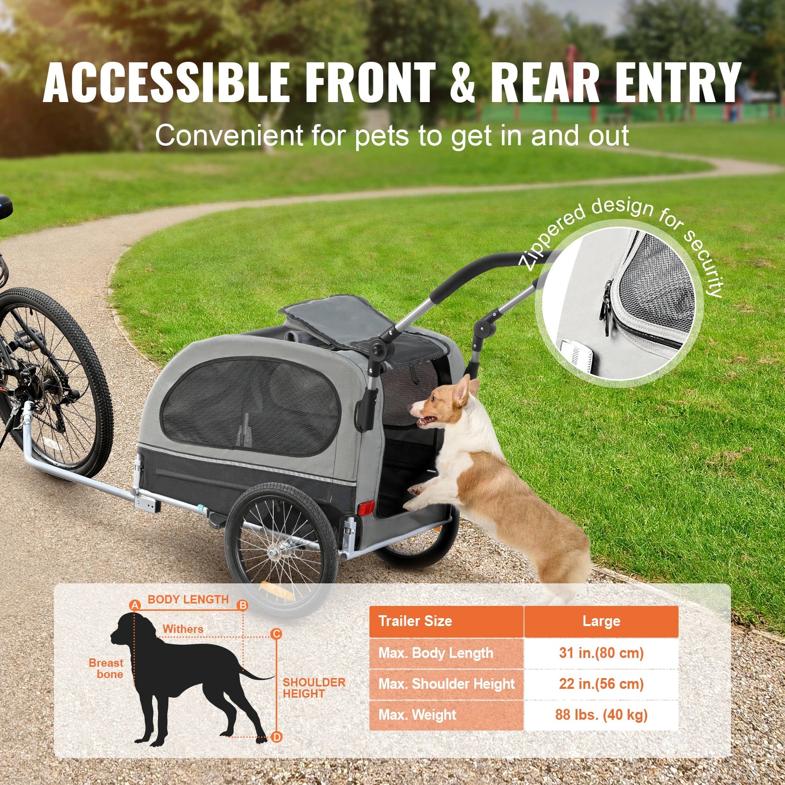Pet bike trailer with a dog, shown outdoors on a path with grass and trees.