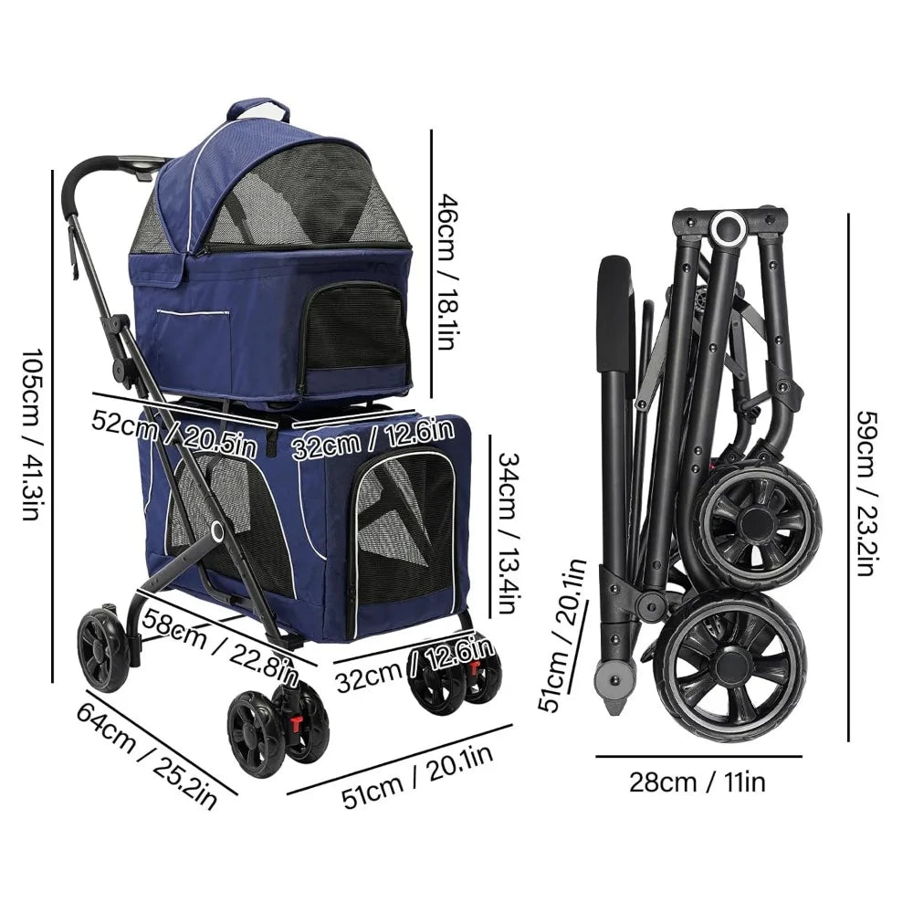 Blue pet stroller with dimensions on a white background