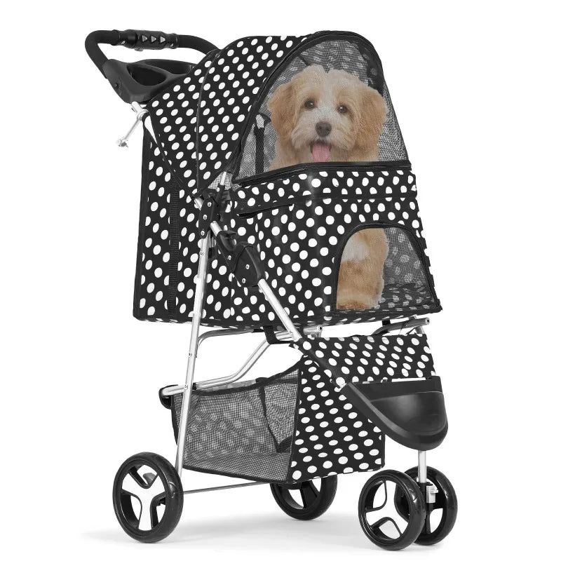 Pet stroller with a polka dot pattern and a dog inside on a white background