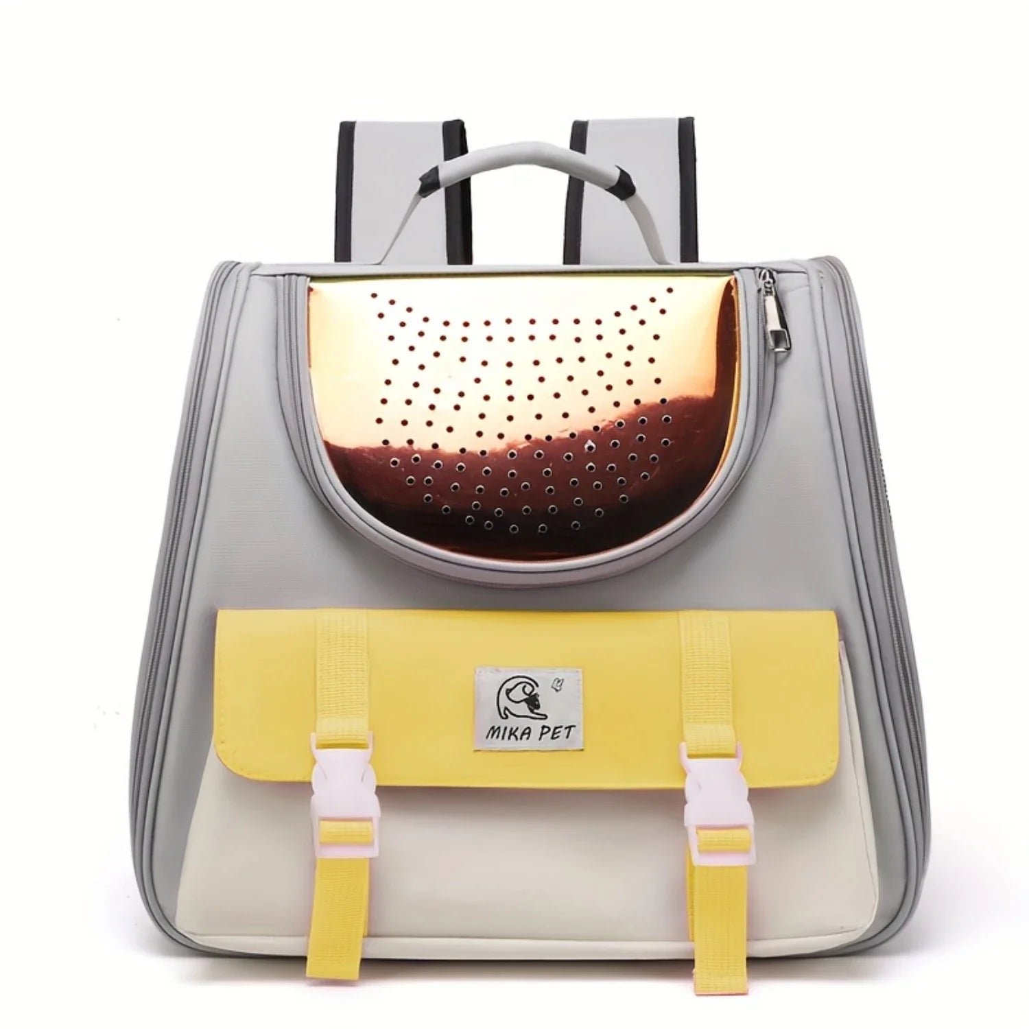 Pet carrier with yellow straps and Mika Pet logo on a white background
