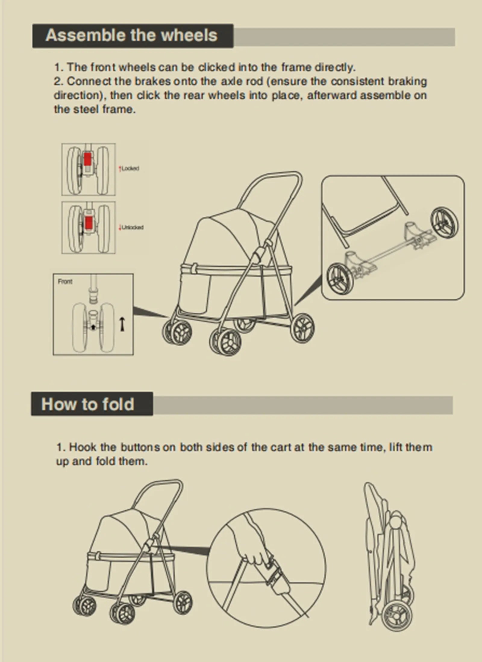 Instructions for assembling and folding a stroller on a beige background