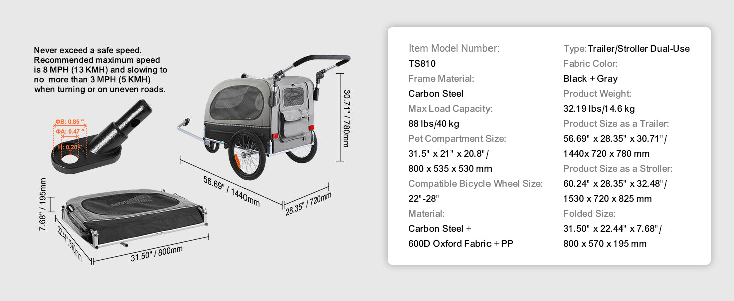 Pet stroller and trailer with specifications on a white background