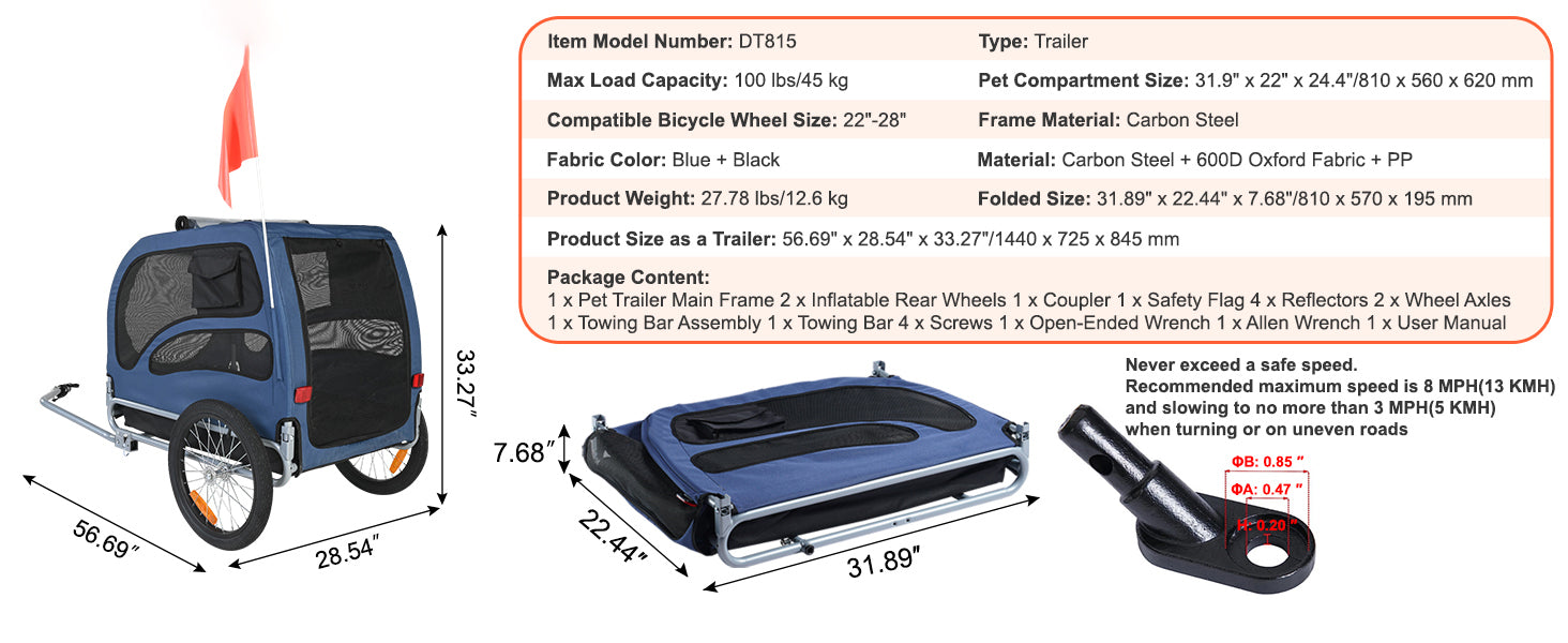 Pet bike trailer with detailed specifications and dimensions on a white background