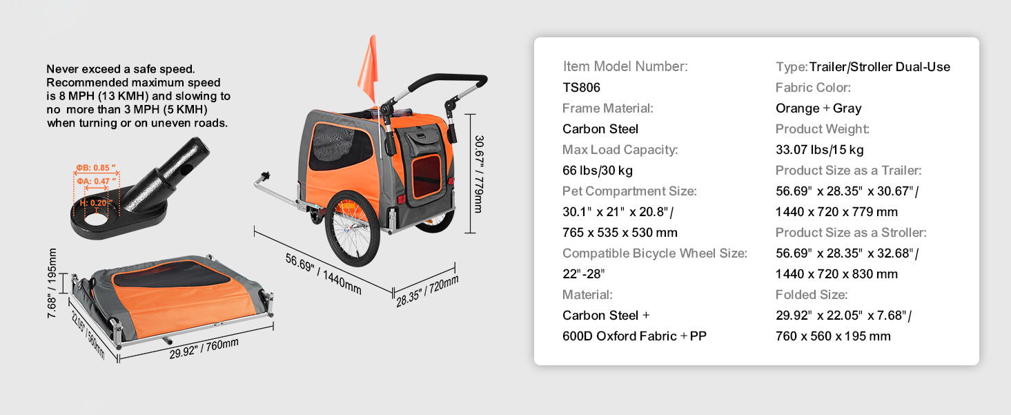Dog stroller with specifications and dimensions on a white background